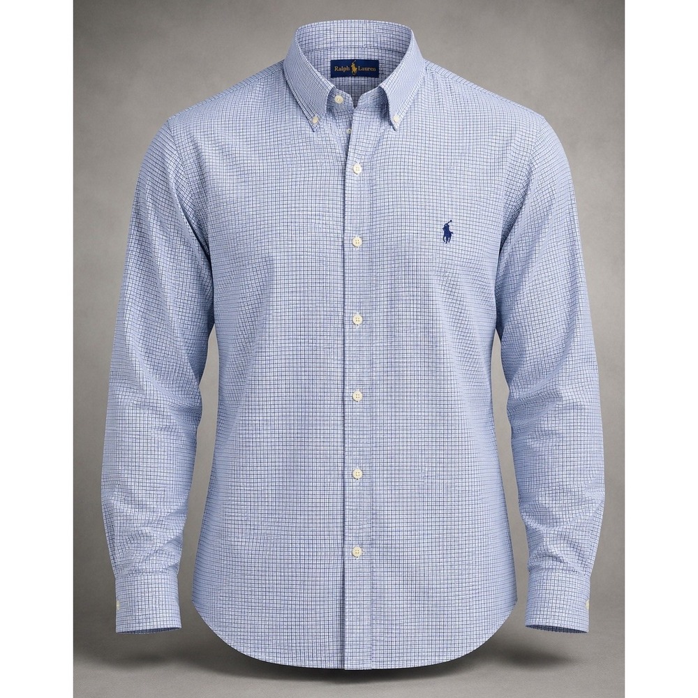 Ralph Lauren Dress Shirt Mens 16 40 41 Custom Fit Cotton Blue Check Button Down